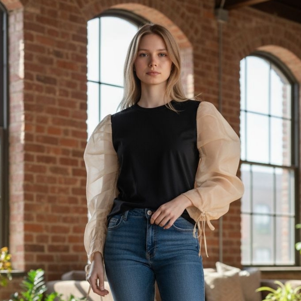 Zara Black and Cream Puff Sleeve Blouse